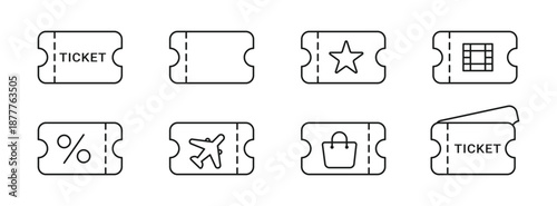 Ticket Icon Set, Coupon, Voucher and Event Pass Symbols, Discount, Travel and Shopping Icons, Outline UI Icons, Vector Illustration
