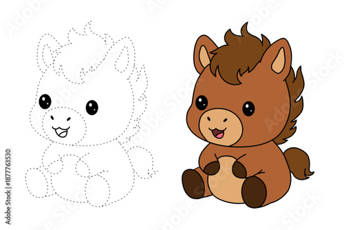 Horse coloring pages. Trace and color horse. Coloring page outline of cute horse. Wild animals horse coloring pages worksheets printable for kids, Kindergarten and preschool activity.