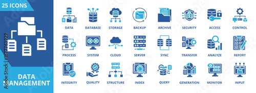 Data Management icon collection set. Containing data, database, storage, backup, archive, security, access, control icon. Simple flat vector