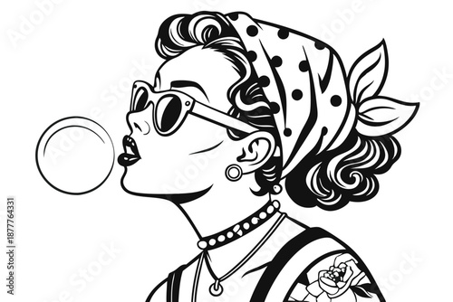  Retro pinup style, woman with curly hair, cat-eye glasses, blowing bubble gum, tattoo sleeves, choker necklace, pendant, vintage look, black and white illustration, detailed line art, 1950s inspired