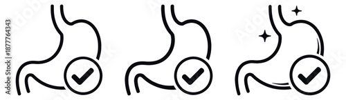Line art healthy stomach icons set featuring a human stomach with a checkmark and sparkling elements for medical and digestive health