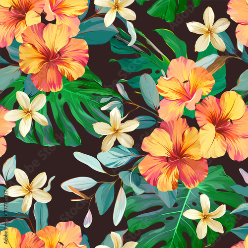 Seamless tropical pattern with flowers, plants. Paradise background, Hawaiian pattern.