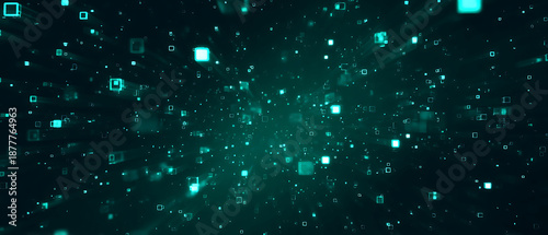 Digital abstract with glowing squares and particles in a dark background.