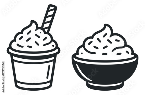 Line art dessert set featuring whipped cream with sprinkles in a cup and a bowl for sweet treat packaging or menu illustrations