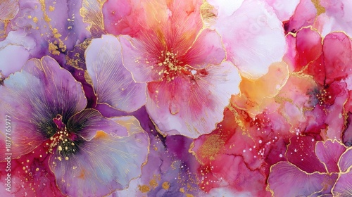 Chinese traditional lunar new year Spring Festival celebration in Asia. A vibrant watercolor painting of pink and purple flowers with gold accents, set against a white background.