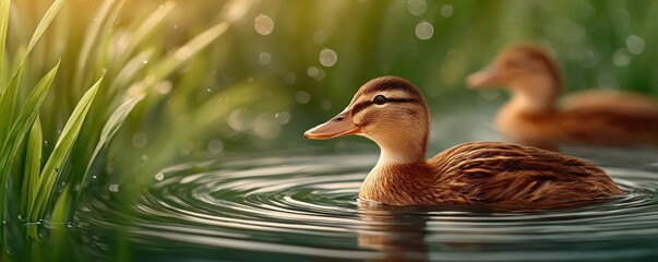 Elegant duck swimming gracefully in serene pond nature photography tranquil environment close-up perspective