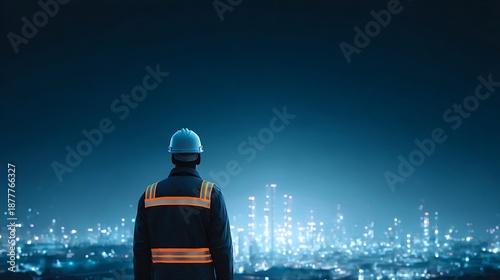 Industrial Worker in Safety Helmet Overlooking Illuminated City Skyline at Night