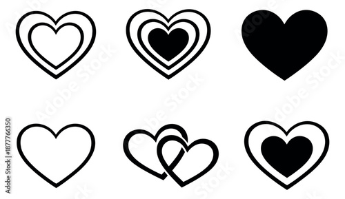 Line art heart icons set featuring various styles for love and romantic concepts