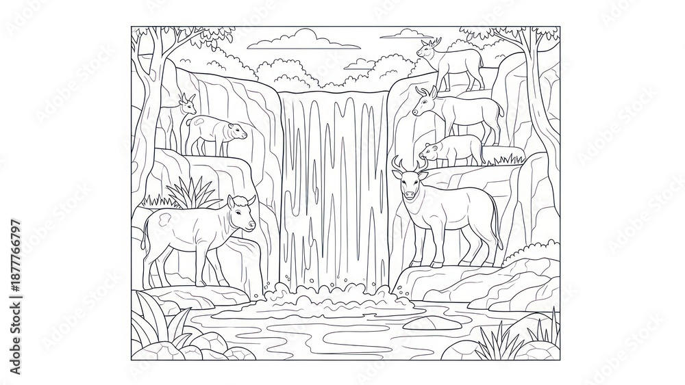Fototapeta premium Black and white illustration of cattle near a waterfall in a natural landscape