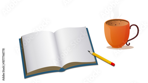 Vector illustration of an open blank book with a pencil and a steaming cup of coffee. Simple flat design on transparent background representing education, storytelling, and morning creativity