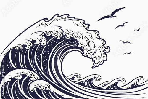 Ocean wave woodcut, dramatic stormy sea, monochrome black and white illustration, detailed curling wave crest, foam and spray, stylized Japanese-inspired art, turbulent waters, swirling patterns, hi