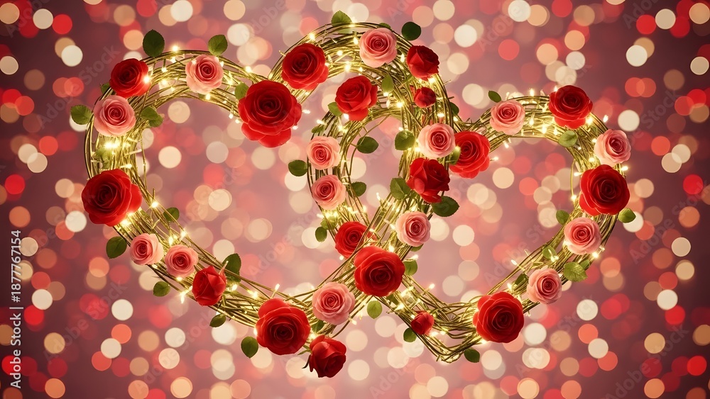 Obraz premium Romantic heart shaped floral arrangement with red roses and sparkling lights