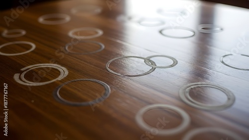 Abstract circle patterns on a polished wooden surface reflecting ambient light creating an