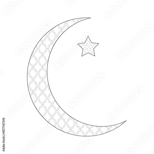 Crescent moon and star with geometric Arabic pattern, black and white sketch. Vector illustration. Ramadan holiday concept, isolated on white background. Abstract geometric ornament.