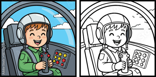 Cartoon pilot boy in cockpit coloring page and colored vector illustration of happy kid flying plane with joystick and control panel in the sky.