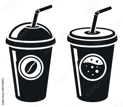 Stylized beverage cup set featuring disposable cups with straws and varied lid styles for cafe menus