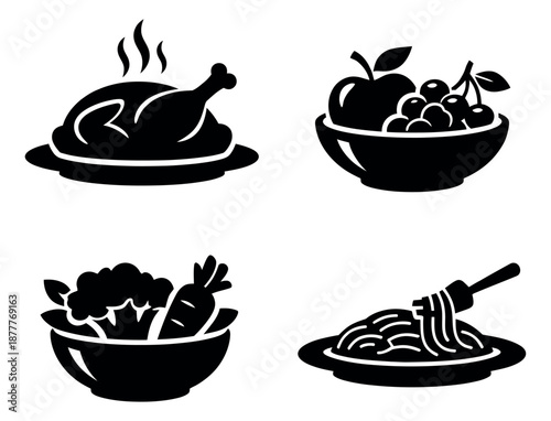 Food icon set featuring a roasted chicken, a fruit bowl, a vegetable bowl, and spaghetti for restaurant menus and healthy eating concepts