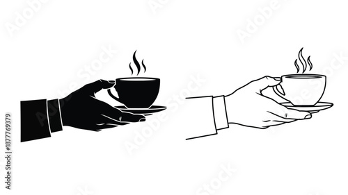 Hands offering or receiving a cup of steaming beverage black and white illustration