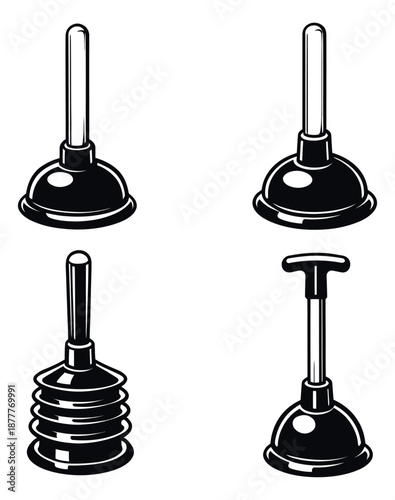 Vintage style line art plunger set featuring different types of plungers for plumbing services