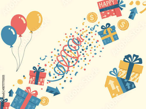 A cheerful and bright illustration perfect for conveying themes of gifting, success, and new ideas. Ideal for promotions or content related to achieve