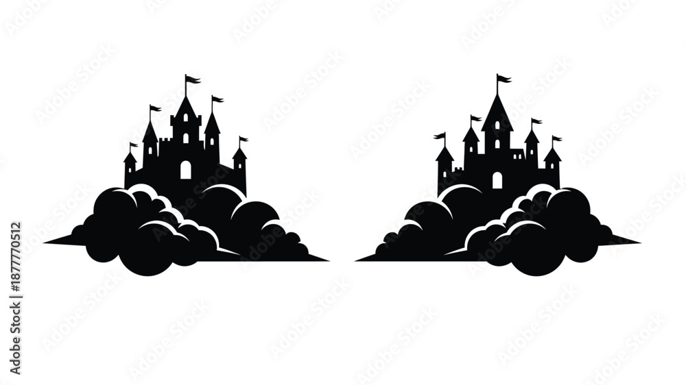 Naklejka premium Two black silhouette castles rising from fluffy clouds a fairytale scene
