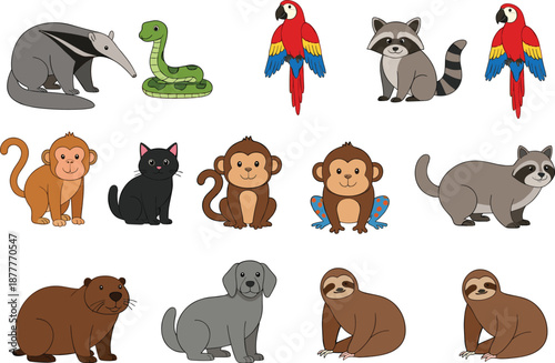 Cute cartoon animals vector set with jungle wildlife pets birds reptiles and mammals in friendly style