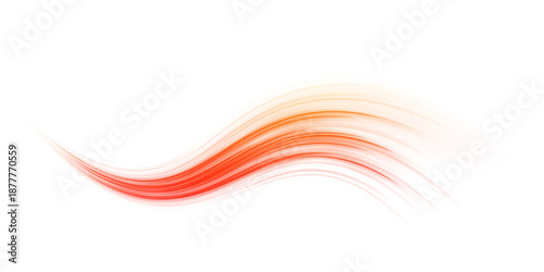 Neon yellow light wave flows forward thin line in soft png filled with speed, orange motion. Air wind pushes the shape to twist while glowing particles twirl, form wide swirl. 