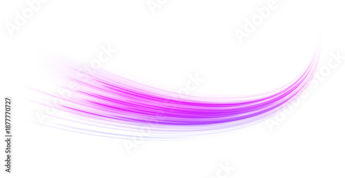 Purple neon light wave streams fast as a sharp line in a glowing png filled with speed and motion. Strong blue wind spins the flow to twist while glowing particles twirl and build a dense violet swirl