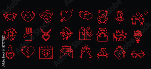 Romantic and Valentine line icon set. Vector pictograms of hearts, gifts, and love symbol, teddy bear, cupid, flower bouquet, engagement ring, chocolate candy, thin linear illustration