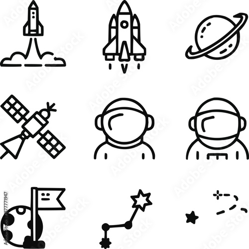 Wallpaper Mural Space Exploration Outline Icons Set  Rocket Launch, Planets, and Mission Symbols Torontodigital.ca