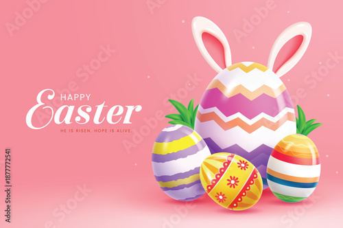 Happy Easter banner with realistic 3D decorated eggs, bunny ears, and green leaves on a soft pink background.