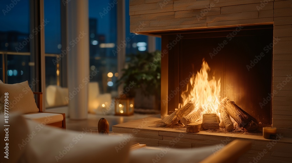 Fototapeta premium Fireplace scene in modern home interior, minimal decor and soft lighting, warm fire acting as focal point for relaxation and balance. cinematic color correction, natural uneven lighting yet gentle
