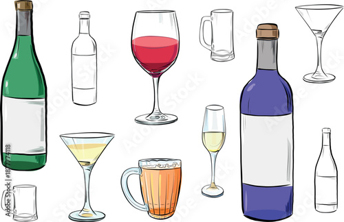 Set of Wine Bottles and Drinking Glasses Illustration