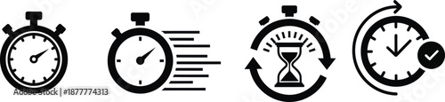 Set of time and timer icons including stopwatch, fast clock, hourglass, and deadline checkmark isolated on white background