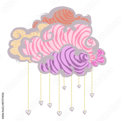 hand drawn vector Illustration of dreamy cloud with swirling shapes and hanging decorative elements