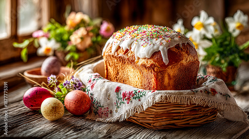 Easter basket with homemade paska, tall yeast bread covered with white icing and colorful sprinkles, wicker basket, red and pastel eggs, fresh spring flowers, , Eastern European Orthodox tradition.