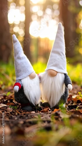 Two felted gnomes with long white beards standing in a forest, holding hands on foliage, soft lighting and blurred background