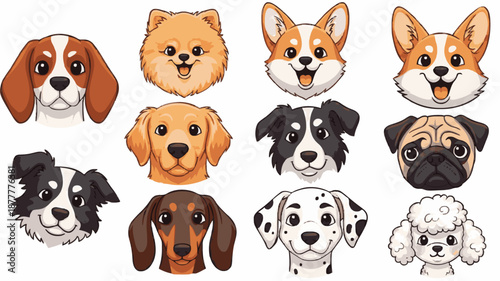 Flat lay of ten cartoon dog faces in various breeds and colors on a white background with a playful mood.