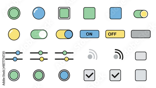 Collection of flat colorful UI icons featuring switches buttons sliders and toggles.