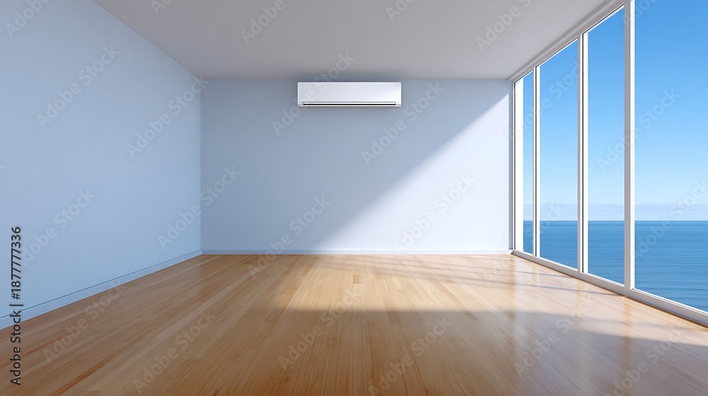 Obraz premium Modern minimalist interior design in coastal apartment bright and airy space with ocean view