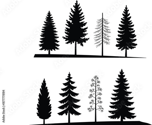 Tree silhouettes, conifer outline, sparse branches, foliage shadow, stylized design, forest icon, botanical figure, landscape art, nature shape, plant shadow