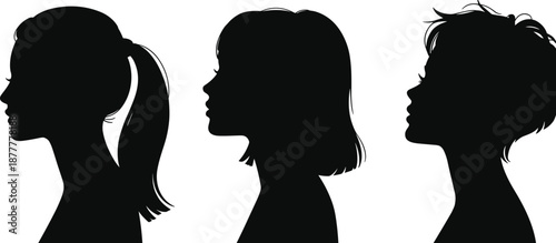 Three female silhouette profiles, different hairstyles side view, ponytail bob and short hair, minimalist vector illustration isolated on white background