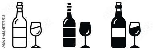 Wine bottles and glasses in modern black and white icon set,Set of wine bottle with wine glasses vector icons. Silhouette bottle and glass of wine vector.