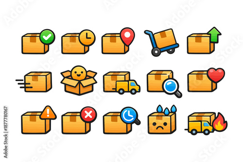 Colorful set of delivery icons featuring boxes, checkmarks, clocks, and trucks.