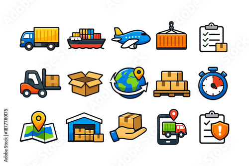 Logistics and shipping icons featuring transport, delivery, and tracking elements.