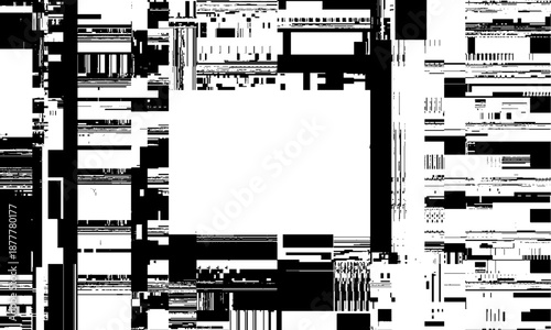 Abstract distorted black noise geometric motion glitch overlay effect distress texture. Monochrome interlaced digital overlay vector background.