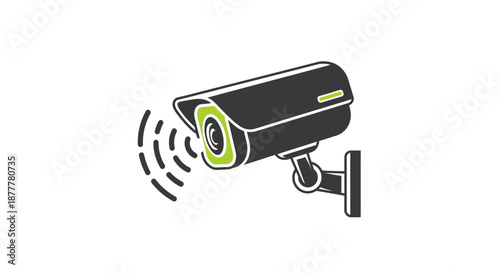 A black security camera with green accents and signal waves indicating wireless or motion detection capabilities, mounted on a wall.