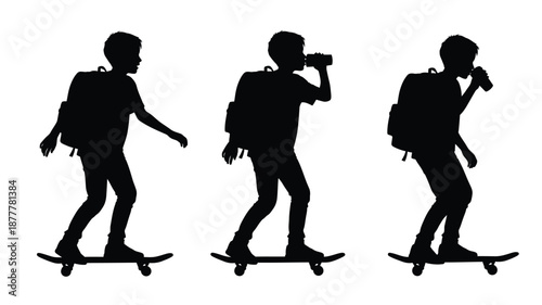 Three skateboarders in silhouette performing tricks and enjoying urban activity