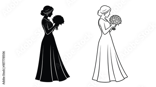 silhouette and line art of two women in wedding dresses holding bouquets