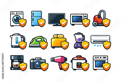 Household appliances with security shield icons for safety and protection.